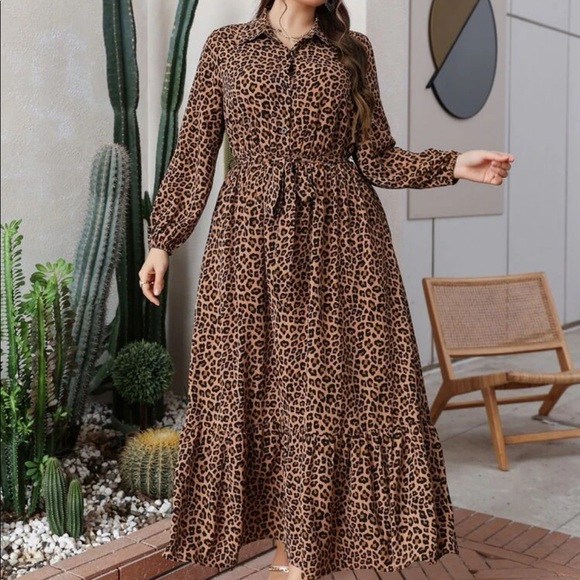 Boho Plus Size Leopard Animal Print Button Download Shirt belted Maxi Dress - Picture 7 of 10